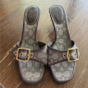 Coach Margot buckle heeled slide sandals in brown signature 9.5